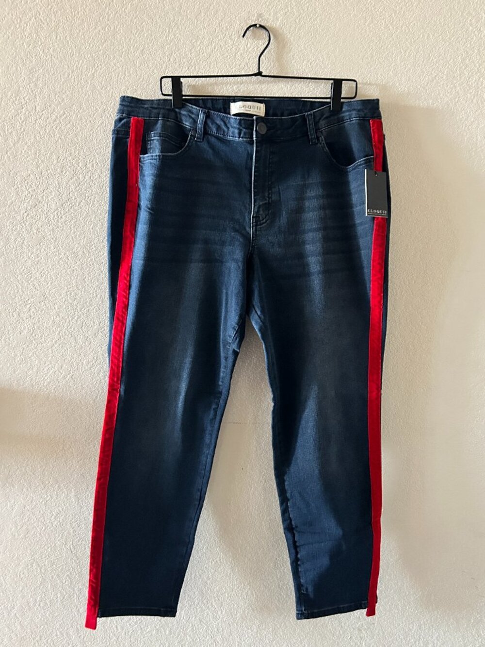 NEW Eloquii Denim Black Slim Fit with Red Velvet Military Stripe Size 18